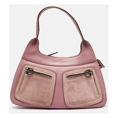 Salvatore Ferragamo Pink Leather and Suede Gancini Pocket Shoulder Bag