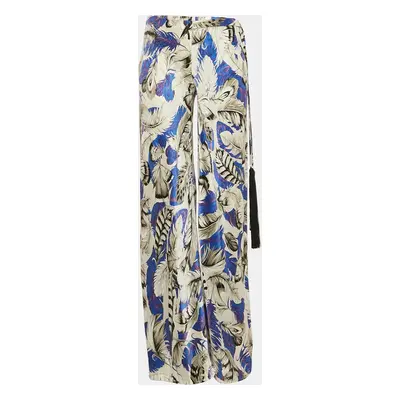 Roberto Cavalli Multicolor Feather Print Silk Satin Wide Leg Trousers