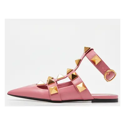 Valentino Pink Leather Roman Stud Ankle Cuff Flat Sandals Size