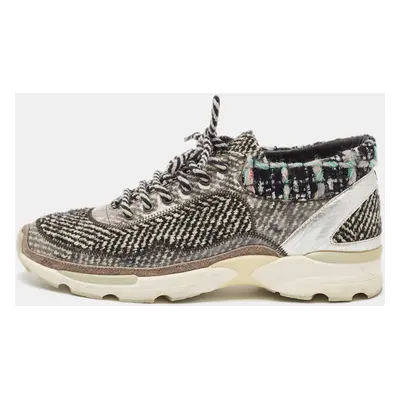 Chanel Multicolor Tweed Fabric And Leather CC Lace Up Sneakers Size 38.5