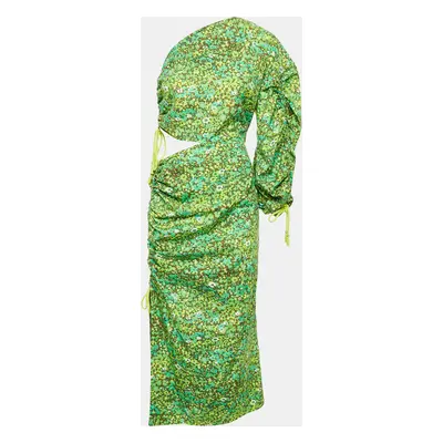 Alemais Green Abstract Print Cotton One-Shoulder Ruched Phyllis Dress