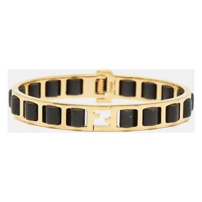 Fendi Black Leather Interwoven Gold Tone Cuff Bracelet