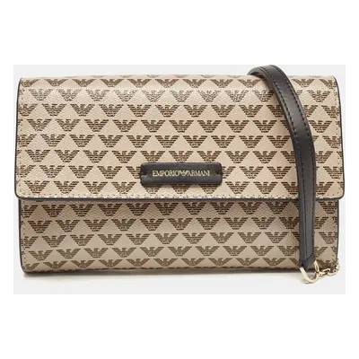 Emporio Armani Beige/Black Logo Print Leather Flap Chain Clutch