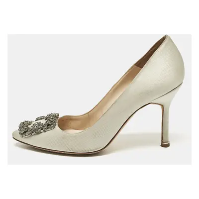 Manolo Blahnik Grey Satin Hangisi Crystal Embellished Pumps Size