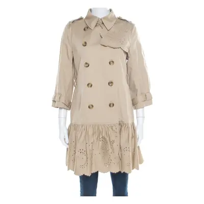 Red Valentino Beige Cotton Eyelet Embroidered Ruffled Double Breasted Coat