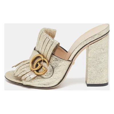 Gucci Silver Crackle Leather GG Marmont Fringed Slide Sandals Size