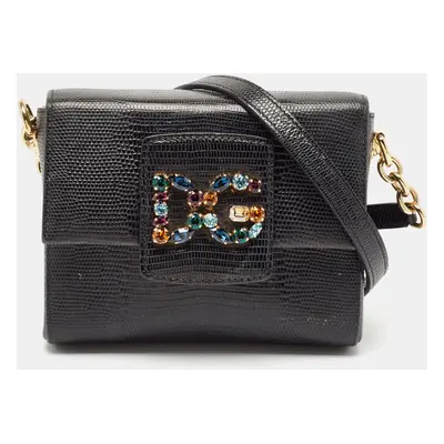 Dolce & Gabbana Black Lizard Embossed Leather Mini DG Millennials Crossbody Bag