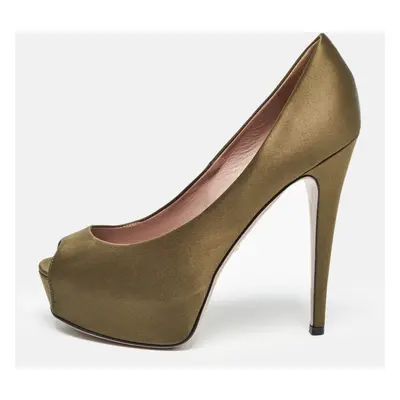 Gucci Olive Green Satin Peep Toe Platform Pumps Size