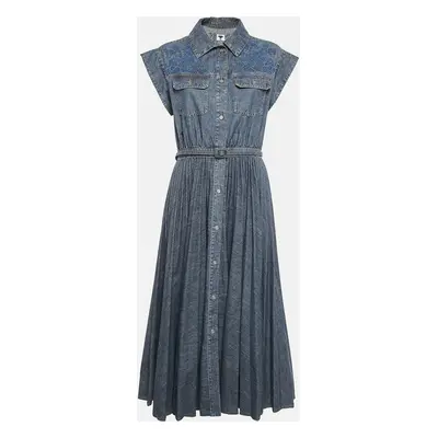 Dior Blue Butterfly Embroidery Denim Belted Button Front Long Dress