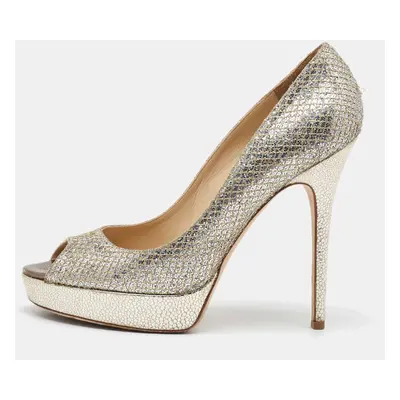 Jimmy Choo Metallic Glitter Dahlia Peep Toe Platform Pumps Size