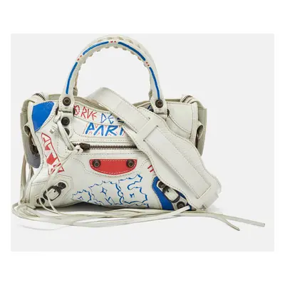 Balenciaga White Leather Graffiti Mini Metallic Edge City Bag