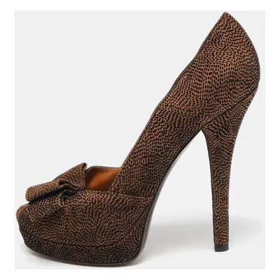 Fendi Brown/Black Textured Suede Bow Peep Toe Pumps Size