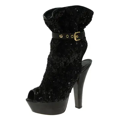 Louis Vuitton Black Sequins and Leather Peep Toe Platform Ankle Boots Size