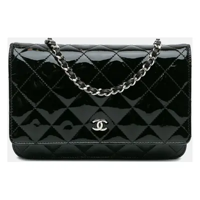 Chanel Black CC Quilted Patent Wallet On Chain