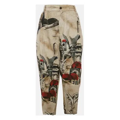 Dolce & Gabbana Beige Printed Linen Pleated Trousers