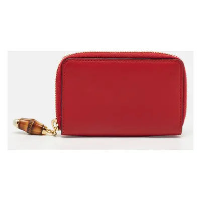 Gucci Red Leather Bamboo Zip Around Wallet