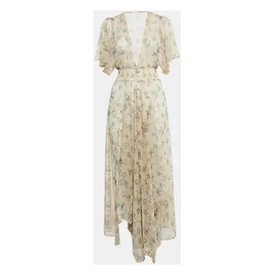 Maje Beige Floral Print Crepe V-Neck Asymmetric Maxi Dress