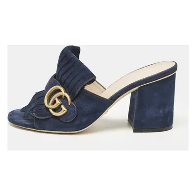 Gucci Navy Blue Suede Horsebit Slide Sandals Size