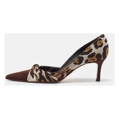 René Caovilla Brown Leopard Print Fabric and Suede Knotted Pointed Toe Pumps Size