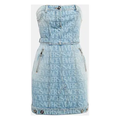 Versace Blue Logo Print Denim Strapless Mini Dress