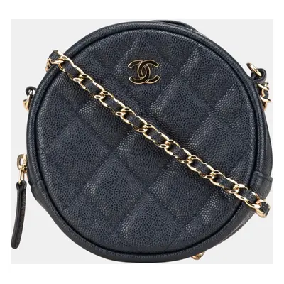 Chanel Navy Blue CC Quilted Caviar Round Clutch With Chain