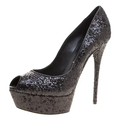 Casadei Black Glitter Peep Toe Platform Pumps Size 38.5