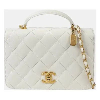 Chanel White Caviar Leather Small Top Handle Bag