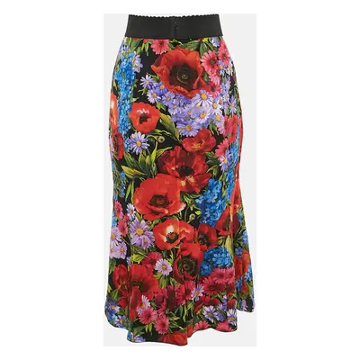 Dolce & Gabbana Black/Red Floral Print Silk Flared Midi Skirt