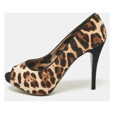 Dolce & Gabbana Brown Leopard Print Calf Hair Peep Toe Platform Pumps Size