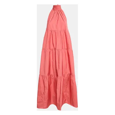 Theory Coral Pink Cotton Blend Halter Neck Tiered Maxi Dress