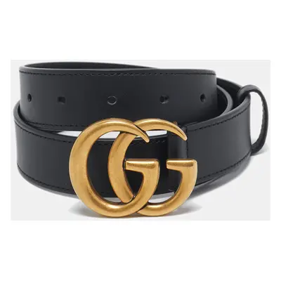 Gucci Black Leather GG Marmont Buckle Slim Belt