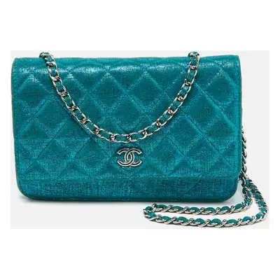 Chanel Metallic Turquoise Blue Suede Quilted CC Wallet On Chain