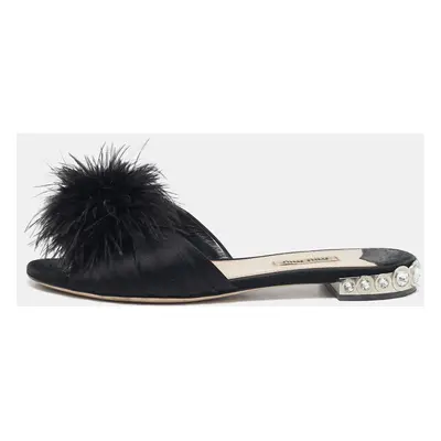 Miu Miu Black Ostrich Feather and Satin Crystals Embellished Slide Flats Size 38.5