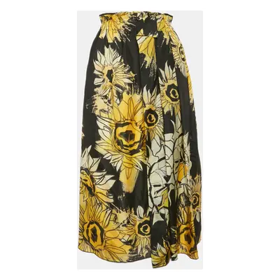 Nº21 Black Sunflower Print Silk Ruffled Midi Skirt