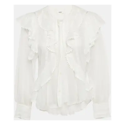 Isabel Marant Etoile White Embroidered Cotton Lace Trim Ruffle Detail Blouse