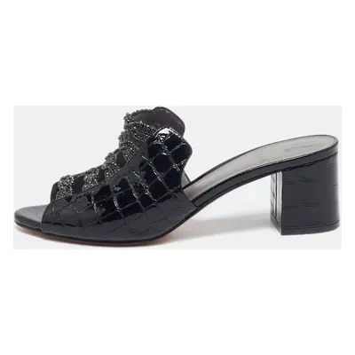 Gina Black Croc Embossed Patent Leather Crystal Block Heel Slide Sandals Size 38.5