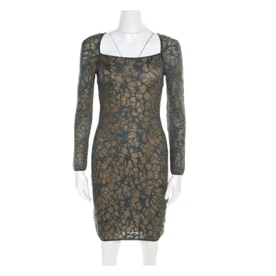 M Missoni Blue Floral Jacquard Lurex Knit Long Sleeve Cross Back Mini Dress