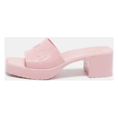 Gucci Pink Rubber Logo Embossed Platform Slide Sandals Size