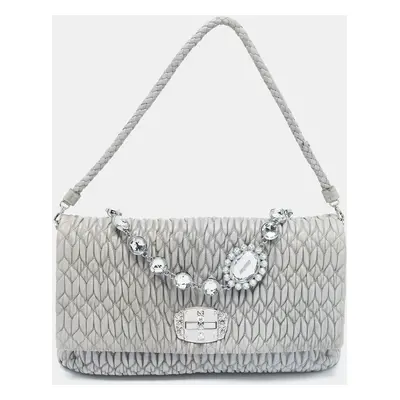 Miu Miu Grey Matelassé Leather Crystal Cloqué Flap Shoulder Bag