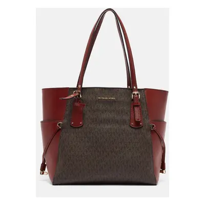 Michael Kors Red/Brown Signature Coated Canvas and Leather Voyager East West Tote