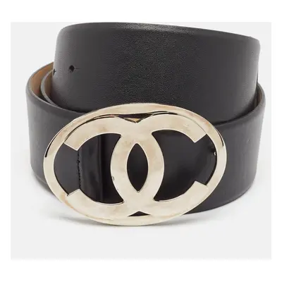 Chanel Black Leather CC Oval Logo Buckle Belt 90CM