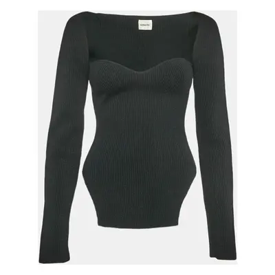 Khaite Black Rib Knit Sweetheart Neck Full Sleeve Top