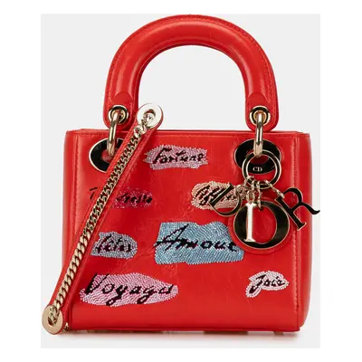 Dior Red Mini Calfskin Sequin Embellished Lady Dior