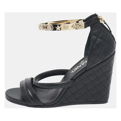 Chanel Black Leather Charm Embellished Ankle Cuff Wedge Sandals Size