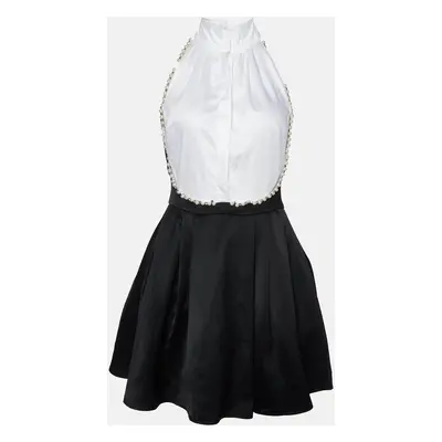 Elisabetta Franchi White/Black Embellished Pleated Mini Dress