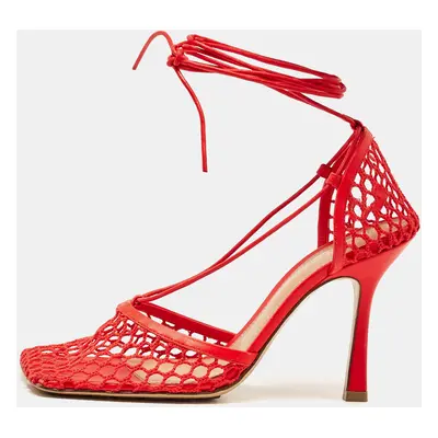 Bottega Veneta Coral Red Mesh and Leather Stretch Wrap Pumps Size