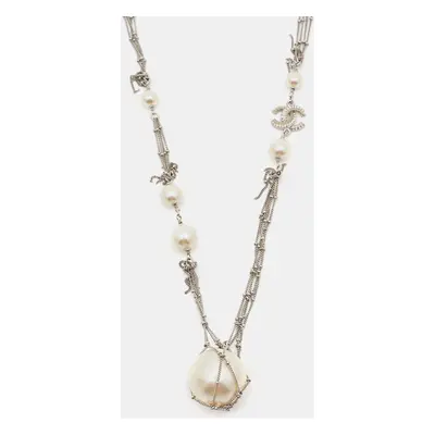 Chanel CC Crystal Silver Tone Charm Faux Pearl Multi Strand Necklace