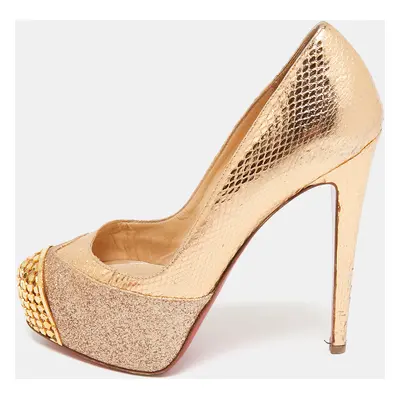 Christian Louboutin Gold Glitter & Snakeskin Embossed Leather Platform Pumps Size 35.5