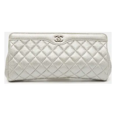 Chanel Silver Quilted Caviar Leather CC Frame Clutch