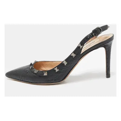 Valentino Black Snakeskin and Leather Rockstud Slingback Pumps Size 38.5